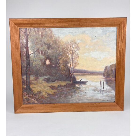 No Brand Other - Antique 1930s Signed A Beisiegel Oil on Board Framed Conesus Lake Painting 19x23